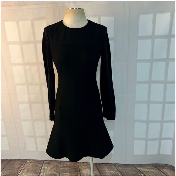 Tibi Black Crew Neck Long Sleeve Flounce Hem Lined Fit & Flare Dress Size 6 - Picture 1 of 10